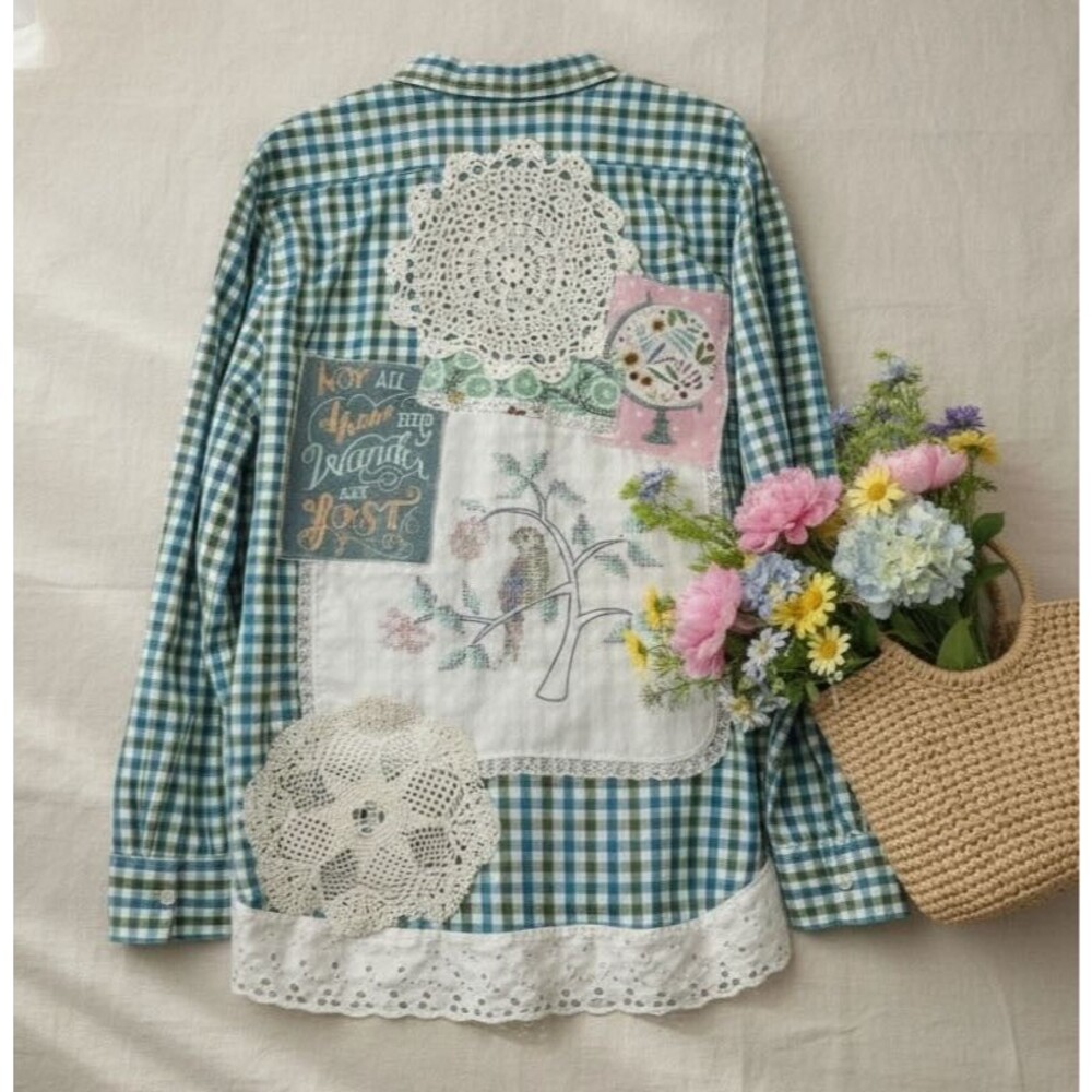 Cottagecore Patchwork Shirt Upcycled Look Gingham Mixed Print 2X 3X Boutique